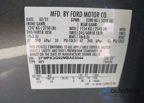 2021 Ford Edge Se z USA, uszkodzony, nr VIN 2FMPK3G92MBA03044